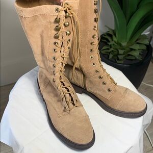Nine West Tan Lace-Up Boots with Suede Finish